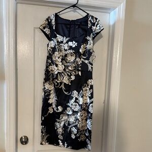 White House Black Market Black and Cream Floral Midi Dress